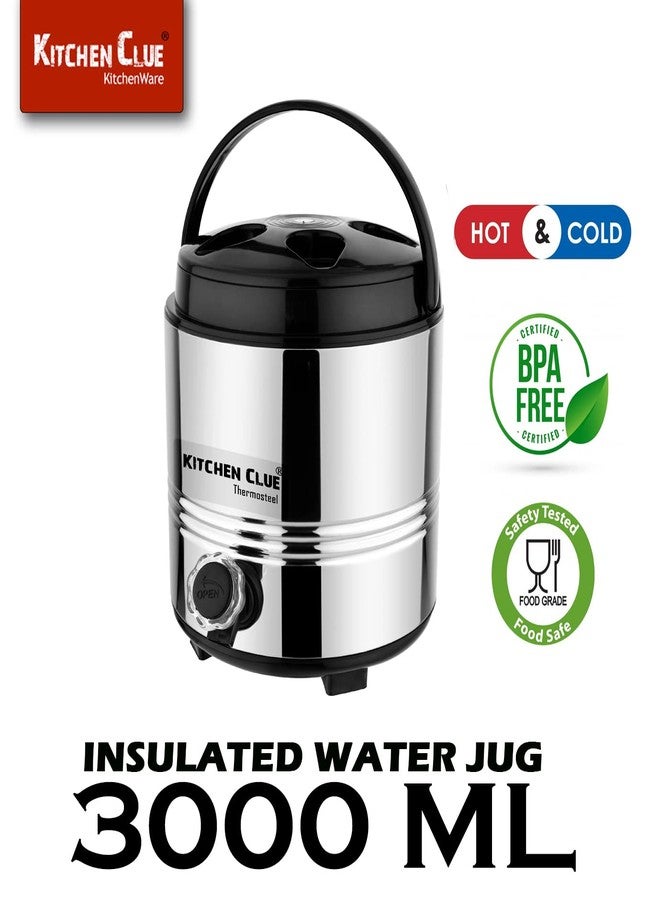KITCHEN CLUE Stainless Steel Puf Insulated Hot Tea Jug I 3 Liters I Thermosteel Vacuum Insulated 4-5 Hours Hot Or Cold Carafe I Ideal For Tea | Coffee | Juice | Water, 20 Cm, Silver Black - Image 4